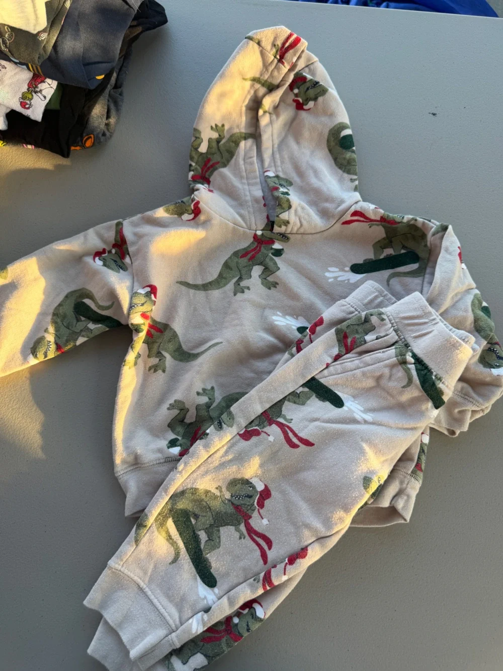 Carter's Beige Hoodie & Joggers Set with Green Dino and Red Scarf Print